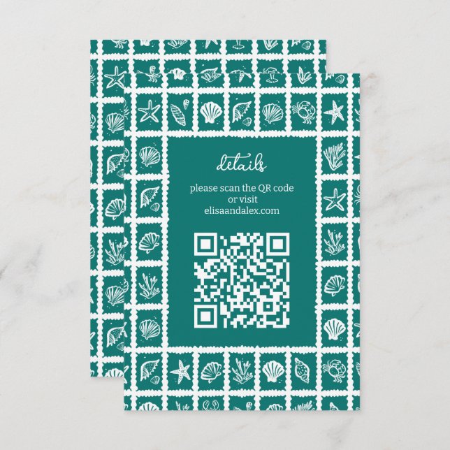 Seashell Grid Beach Wedding CUSTOM QR Code Enclosure Card (Front/Back)