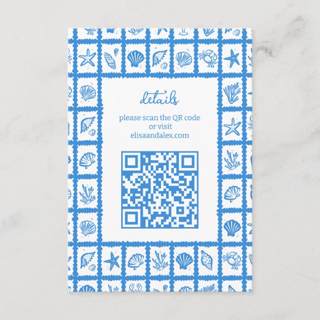 Seashell Grid Beach Wedding CUSTOM QR Code Enclosure Card (Front)