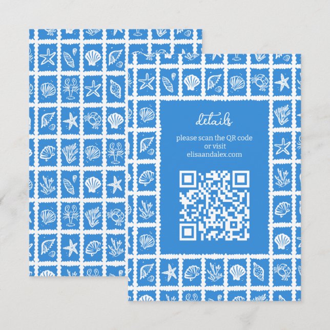 Seashell Grid Beach Wedding CUSTOM QR Code Enclosure Card (Front/Back)