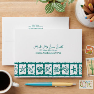 Seashell Grid Beach Wedding Green White CUSTOM Envelope
