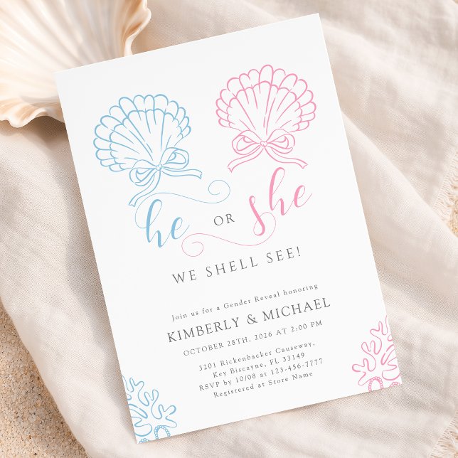 Seashell He Or She Gender Reveal Invitation (Creator Uploaded)