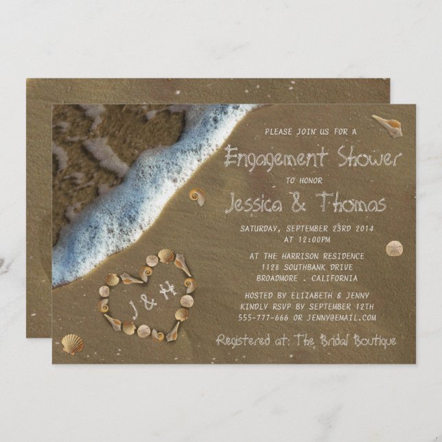 Seashell Heart Beach Engagement Shower Invitations (Front/Back)