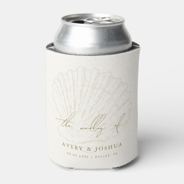 Seashell Ivory & Gold Beach Coastal Wedding Favor Can Cooler (Can Front)
