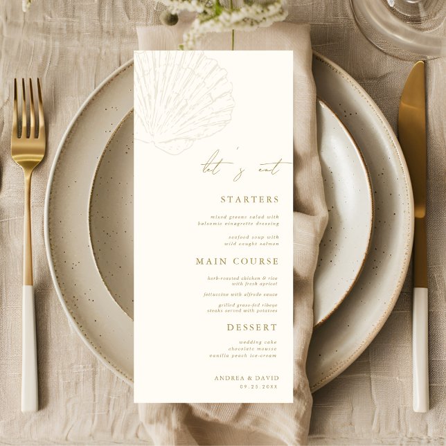 Seashell Ivory & Gold Beach Let's Eat Wedding Menu (Creator Uploaded)
