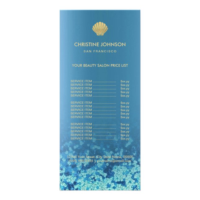 seashell logo price list on blue water rack card (Front)