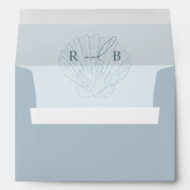 Seashell Monogram Beach Coastal Blue Wedding Envelope (Back (Bottom))