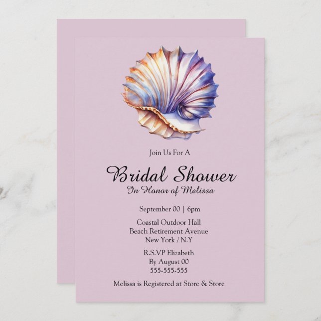Seashell nautical beach bridal shower pink white invitation (Front/Back)