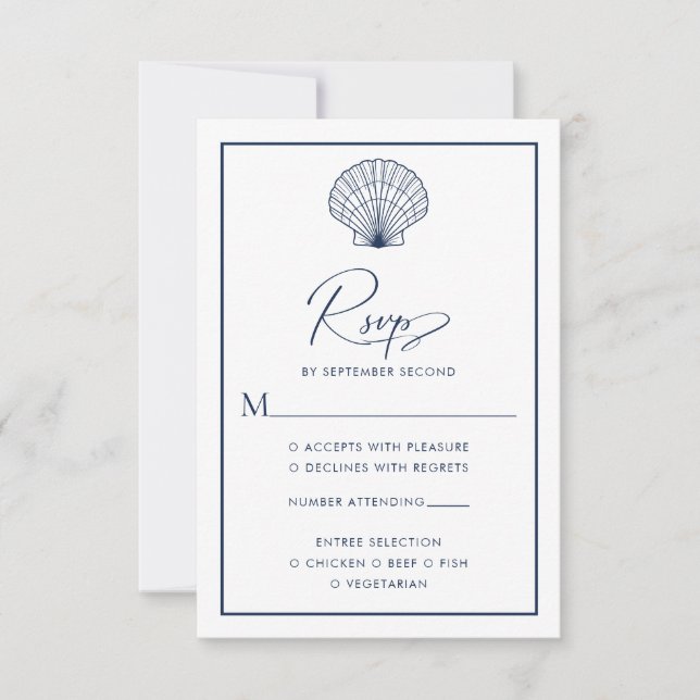 Seashell Navy Blue Beach Elegant Wedding RSVP Card (Front)