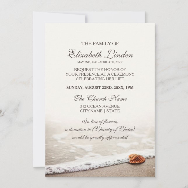 Seashell on the Beach Memorial Service Invitation (Front)