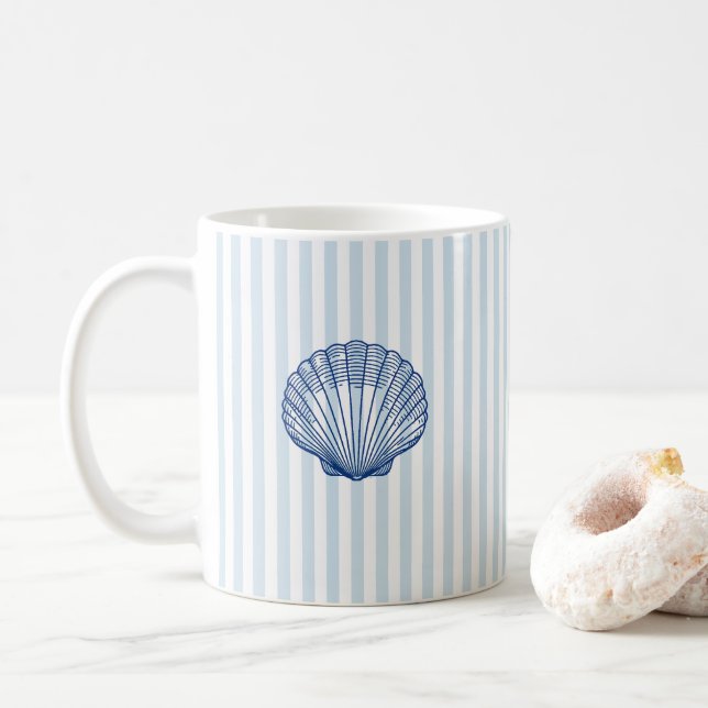 Seashell Painting Clamshell Nautical Stripe  Coffee Mug (With Donut)