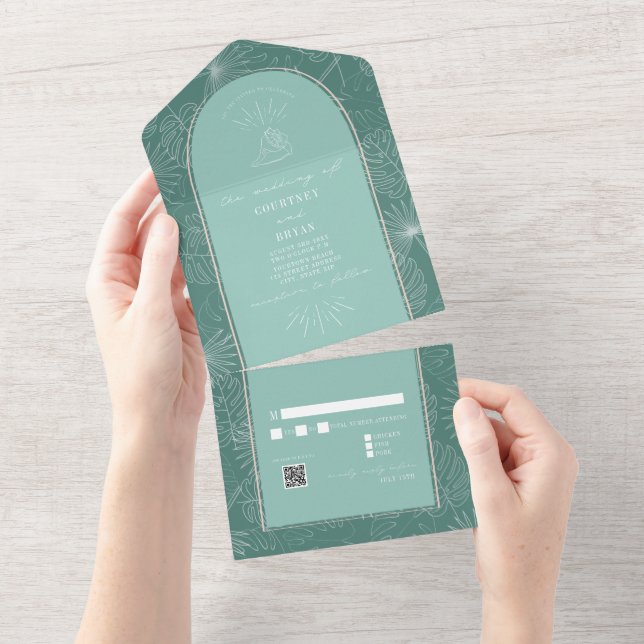 Seashell Palm Aqua Beach Wedding QR RSVP All In One Invitation (Tearaway)