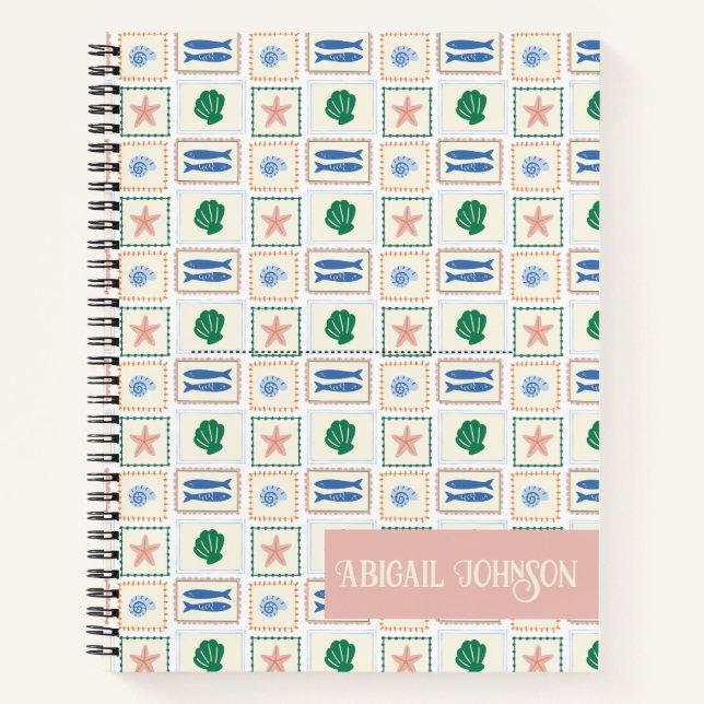 Seashell Pattern Personalise Coastal Boho Notebook (Front)