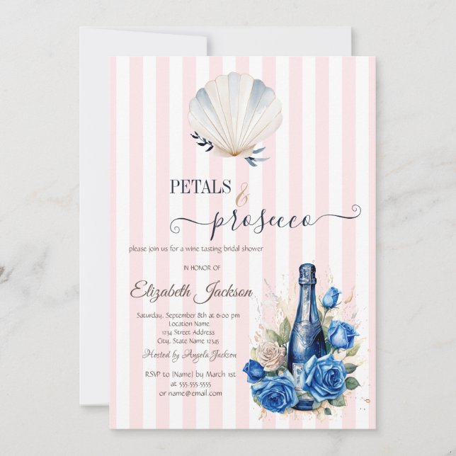Seashell Petals & Prosecco Pink Striped Invitation (Front)