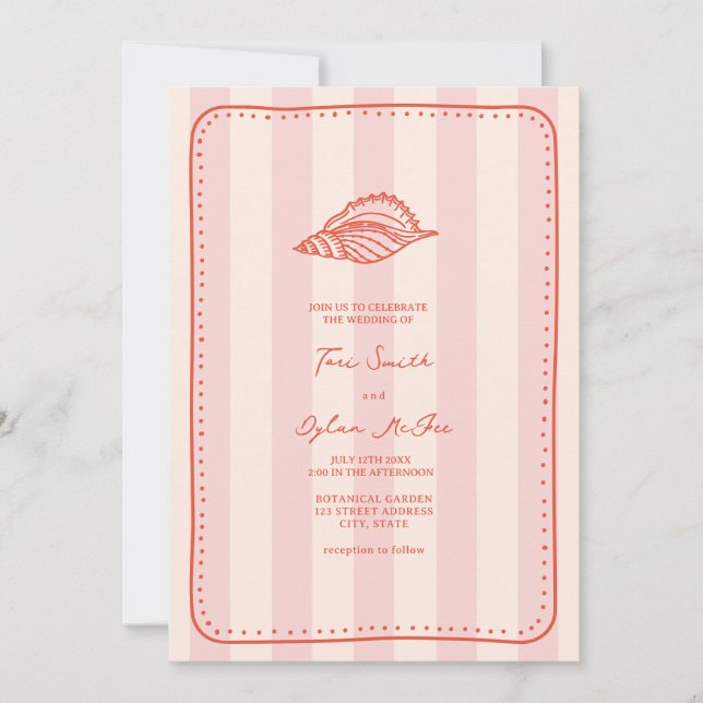 Seashell Pink Stripe Tropical Wedding Invitation (Front)