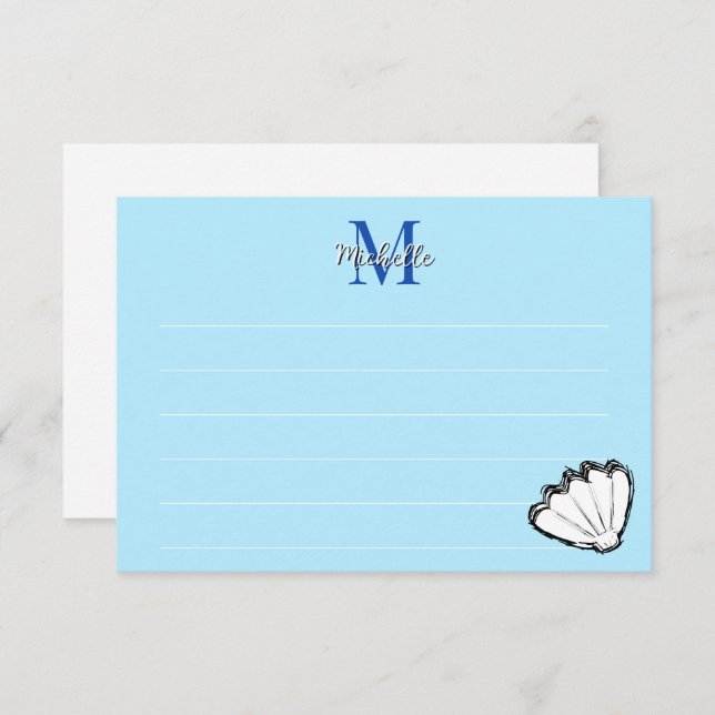 Seashell Sketch White And Blue Lined Monogram Card (Front/Back)