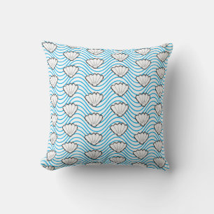Seashell Sketch White And Blue Wave Patterns Cushion