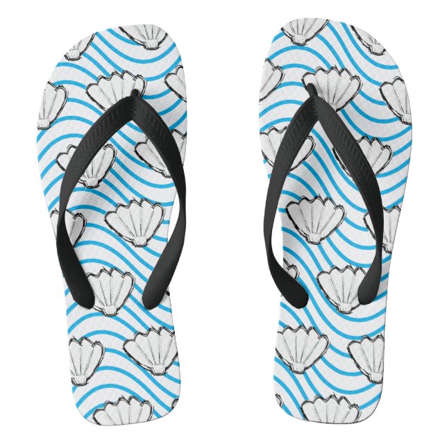 Seashell Sketch White And Blue Wave Patterns Jandals (Footbed)
