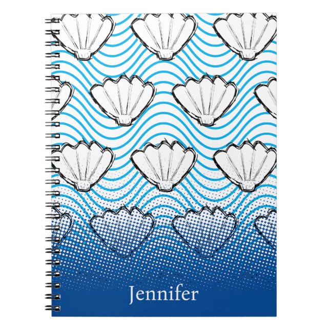Seashell Sketch White And Blue Wave Patterns Notebook (Front)