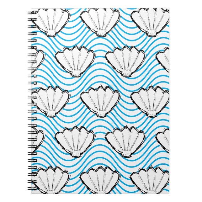 Seashell Sketch White And Blue Wave Patterns Notebook (Front)