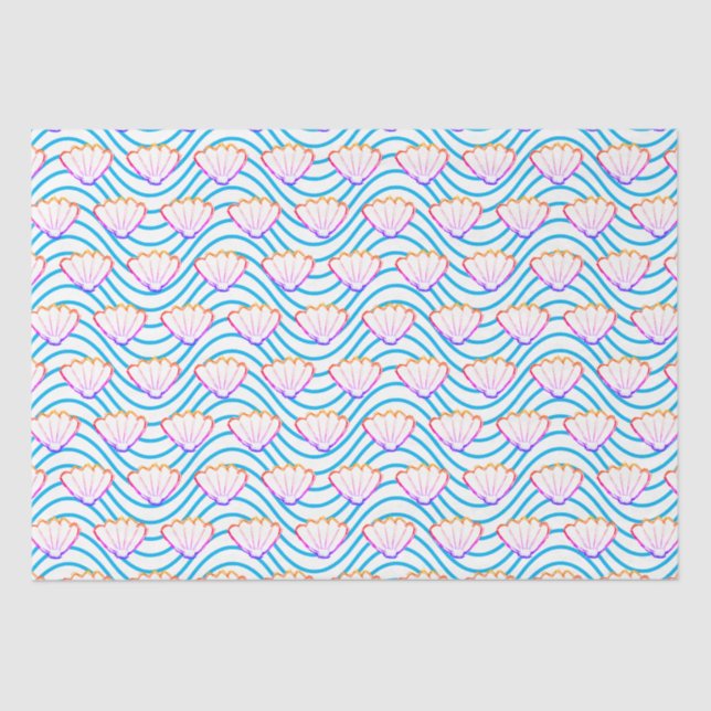 Seashell Sketch White And Blue Wave Patterns Tissue Paper (Front)