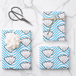 Seashell Sketch White And Blue Wave Patterns Wrapping Paper Sheet