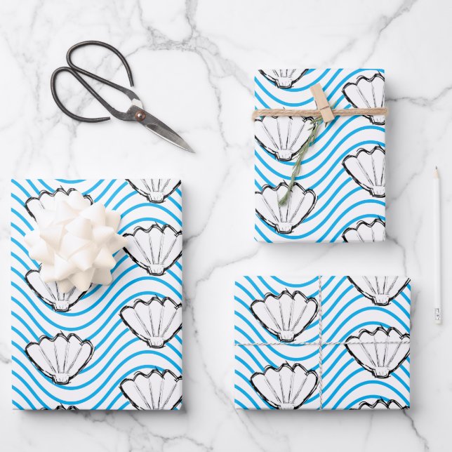 Seashell Sketch White And Blue Wave Patterns Wrapping Paper Sheet (Front)