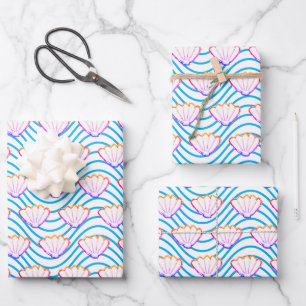 Seashell Sketch White And Blue Wave Patterns Wrapping Paper Sheet