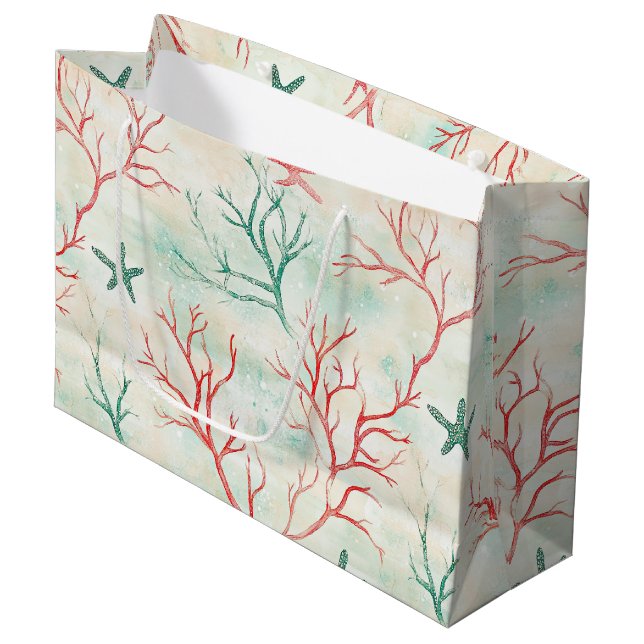 Seashell Starfish Coastal Pattern Large Gift Bag (Front Angled)