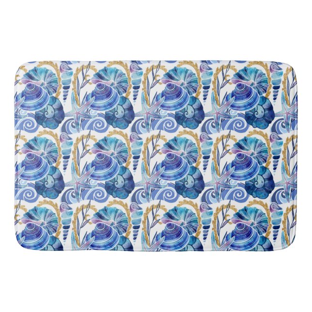 Seashell Starfish Glitter Blue Ocean Nautical Bath Mat (Front)