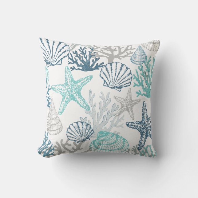 Seashell Starfish Pattern Blue And Teal Cushion (Front)