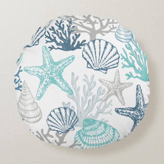 Seashell Starfish Pattern Blue And Teal Round Cushion (Front)