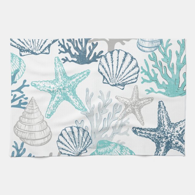 Seashell Starfish Pattern Blue And Teal Tea Towel (Horizontal)