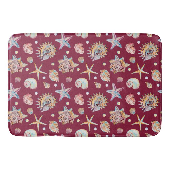 Seashell & Starfish Pattern on Maroon Background Bath Mat (Front)