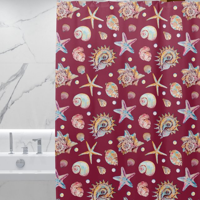 Seashell & Starfish Pattern on Maroon Background Shower Curtain (Creator Uploaded)