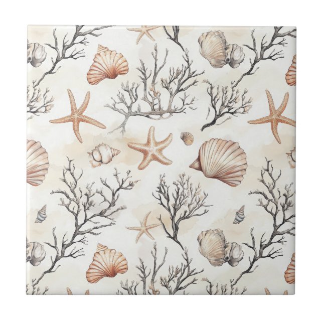Seashell Starfish Terracotta Ivory Coastal Tile (Front)