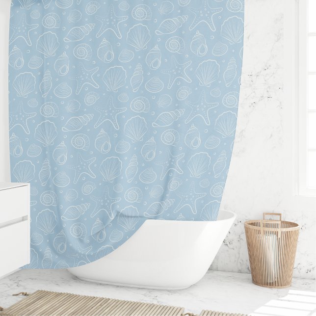 Seashell Summer Coastal Nautical Boho Beach Blue Shower Curtain (Creator Uploaded)