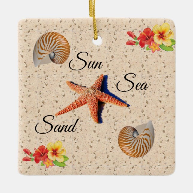Seashell, sun, sand ceramic ornament (Front)