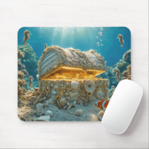 Seashell Treasure Chest Underwater with Coins Mouse Pad