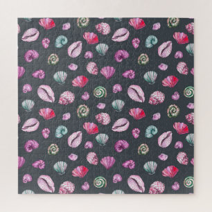 Seashell Watercolor: Dark Blue Pattern Jigsaw Puzzle