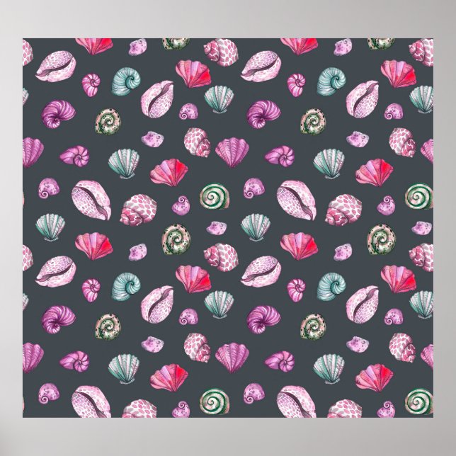 Seashell Watercolor: Dark Blue Pattern Poster (Front)