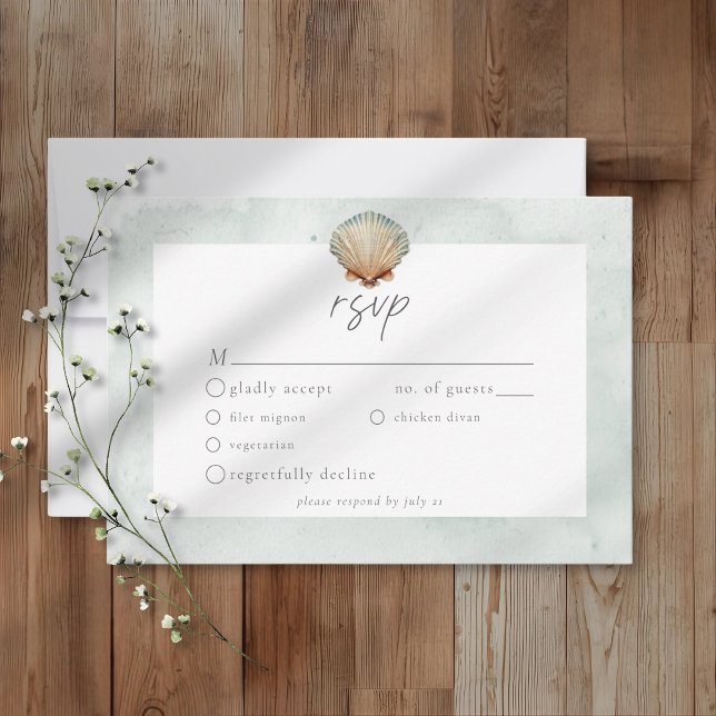 Seashell Watercolor Minimalist Beach Wedding RSVP Card (Creator Uploaded)