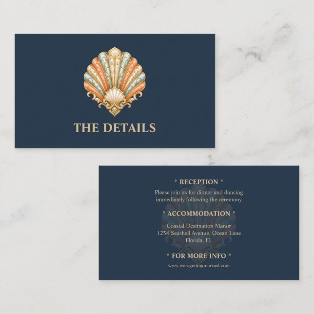 Seashell Wedding Details navy orange coastal Enclosure Card (Front/Back)
