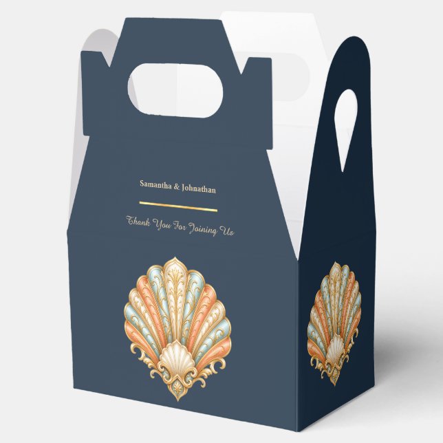 Seashell wedding navy blue coral orange luxury favour box (Opened)