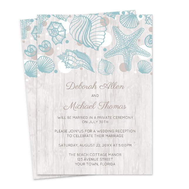 Seashell Whitewashed Wood Beach Reception Invites (Creator Uploaded)