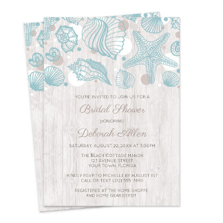 Seashell Whitewashed Wood Bridal Shower Invitation
