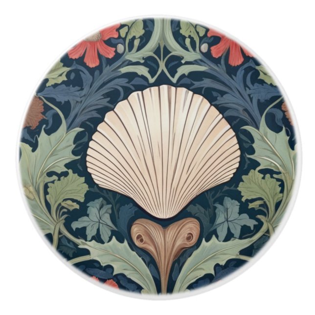 Seashell William Morris style ocean themed floral Ceramic Knob (Front)