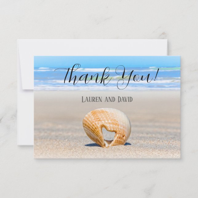 Seashell with a Heart on sand at the Beach, Thank You Card (Front)