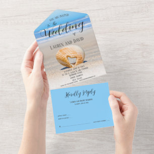 Seashell with a Heart on Sand, Beach, All In One Invitation
