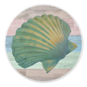 Seashell Wood Nautical Beach Shells Blue Peach Ceramic Knob