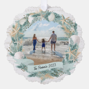 Seashell Wreath and Banner with Photo Tree Decoration Card